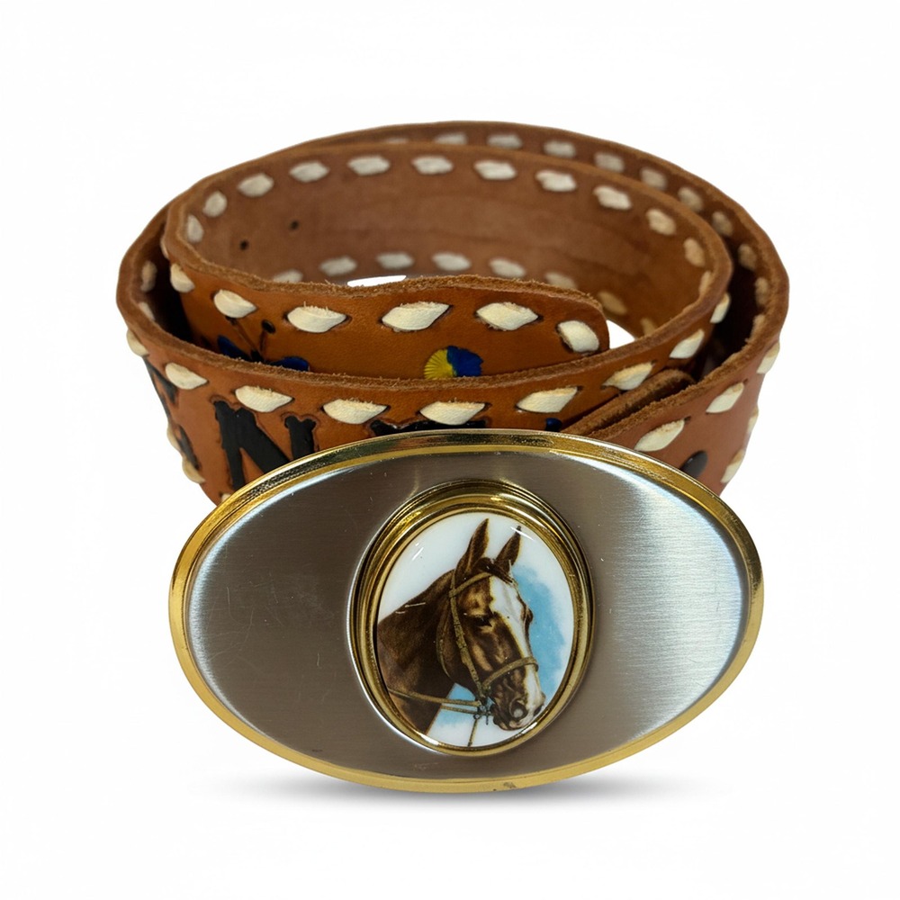 Vintage Western Leather Belt | Hand-Laced, Horse Portrait Buckle